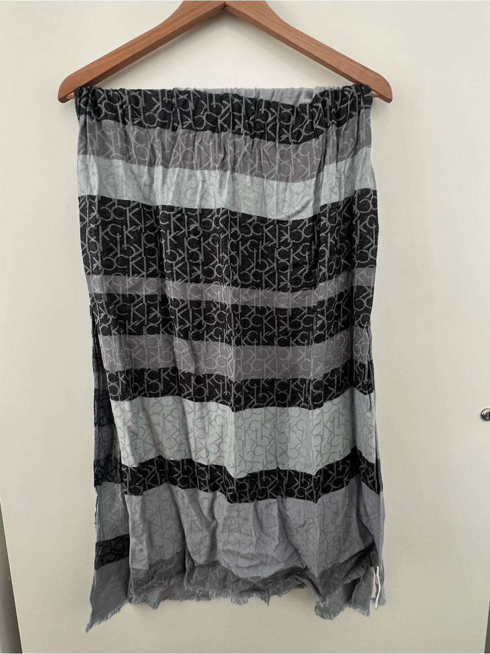 Calvin Klein Black and Gray Striped Logo Scarf